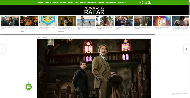 Security scan screenshot of https://awardsradar.com/2025/09/07/tiff-review-wake-up-dead-man-a-knives-out-mystery-is-rian-johnsons-best-and-most-ambitious-installment-yet/