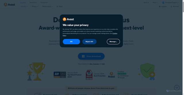 Security scan screenshot of https://www.avast.com/free-antivirus-download