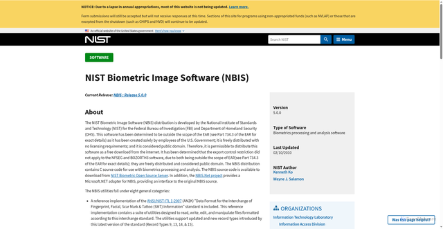 Security scan screenshot of https://www.nist.gov/services-resources/software/nist-biometric-image-software-nbis