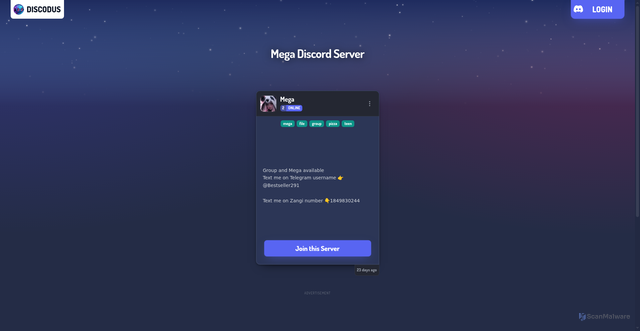 Security scan screenshot of https://discodus.com/server/1550893080356331603