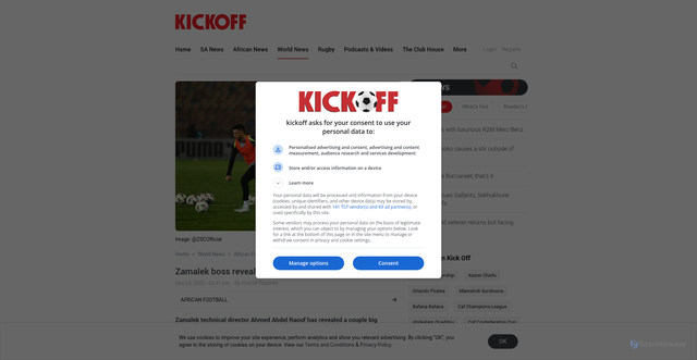 Security scan screenshot of https://www.kickoff.com/world-news/african-football/zamalek-technical-director-reveals-concerns-ahead-of-chiefs-clash