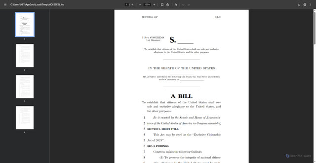 Security scan screenshot of https://www.moreno.senate.gov/wp-content/uploads/2025/12/Exclusive-Citizenship-Act-of-2025.pdf