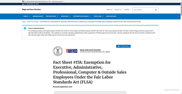 Security scan screenshot of https://www.dol.gov/agencies/whd/fact-sheets/17a-overtime