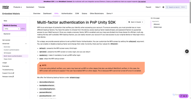 Security scan screenshot of http://metamask-docs-4q672pqsp-consensys-ddffed67.vercel.app/embedded-wallets/sdk/unity/advanced/mfa/
