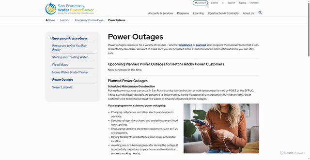 Security scan screenshot of https://www.sfpuc.gov/learning/emergency-preparedness/power-outages