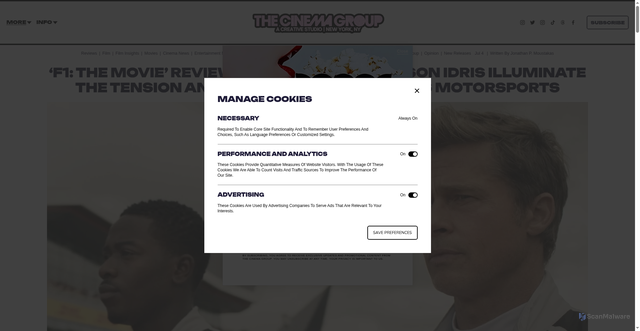Security scan screenshot of https://thecinemagroup.co/news/f1-the-movie-review