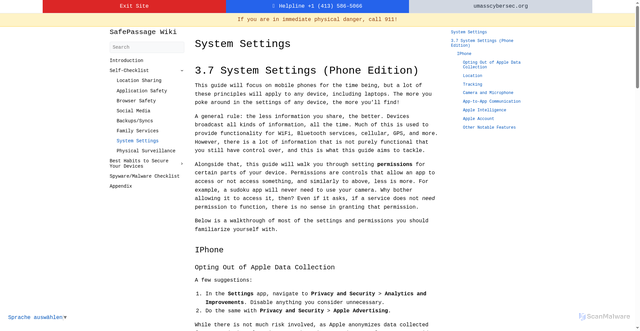 Security scan screenshot of https://safepassage-wiki.pages.dev/iphone/self-checklist/3.7-system-settings/