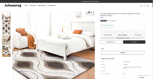 Security scan screenshot of https://arhamrug.shop/Ultra-Soft-Shaggy-Carpet-For-Living-Room-Bedroom-Premium-Fluffy/catalogue/LdfEY-2q/DimdROBy