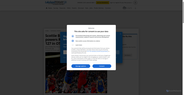 Security scan screenshot of https://www.lakelandtoday.ca/national-sports/scottie-barness-triple-double-powers-raptors-past-warriors-141-127-in-ot-11674750