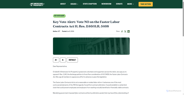 Security scan screenshot of https://americansforprosperity.org/key-vote-alert/key-vote-alert-vote-no-on-the-faster-labor-contracts-act-h-res-1140-h-r-5408/