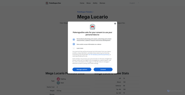 Security scan screenshot of https://pokeroguedex.com/lucario-mega