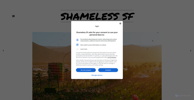 Security scan screenshot of https://www.sfshameless.com/the-artists/2025/9/17/coachella-announces-2026-lineup-with-sabrina-carpenter-justin-bieber-and-karol-g
