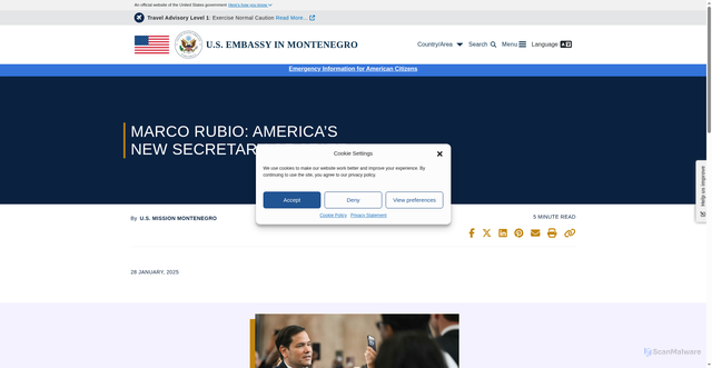 Security scan screenshot of https://me.usembassy.gov/marco-rubio-americas-new-secretary-of-state/