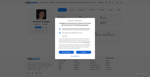 Security scan screenshot of https://www.criclegacy.com/player/8697