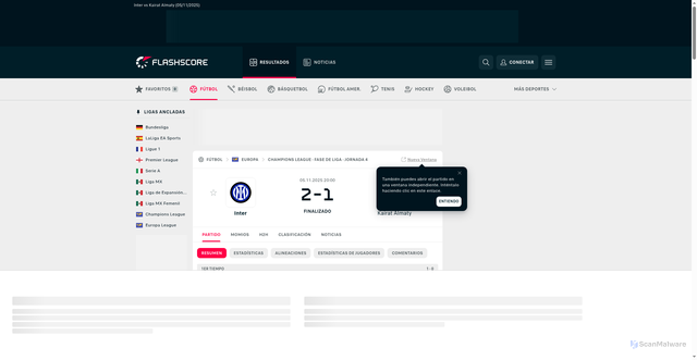Security scan screenshot of https://www.flashscore.com.mx/partido/futbol/inter-Iw7eKK25/kairat-almaty-CrO7xXpJ/