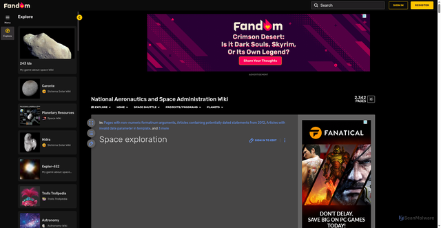 Security scan screenshot of https://nasa.fandom.com/wiki/Space_exploration