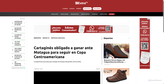 Security scan screenshot of https://www.extratvcr.com/cartagines-obligado-a-ganar-ante-motagua-para-seguir-en-copa-centroamericana/