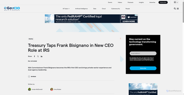 Security scan screenshot of https://govciomedia.com/treasury-taps-frank-bisignano-in-new-ceo-role-at-irs/