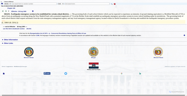Security scan screenshot of https://revisor.mo.gov/main/OneSection.aspx?section=160.451