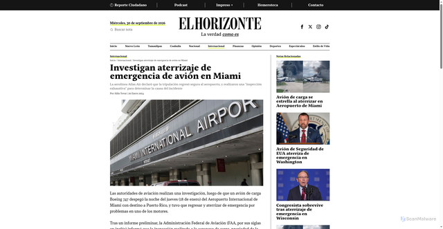 Security scan screenshot of https://www.elhorizonte.mx/internacional/investigan-aterrizaje-de-emergencia-de-avion-en-miami/9786748359