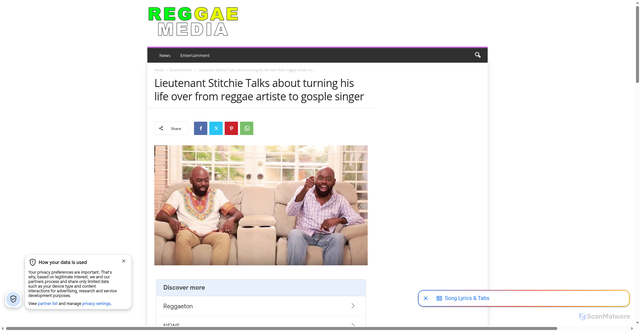 Security scan screenshot of https://reggaemediatv.com/lieutenant-stitchie-talks-about-turning-his-life-over-from-reggae-artiste-to-gosple-singer/