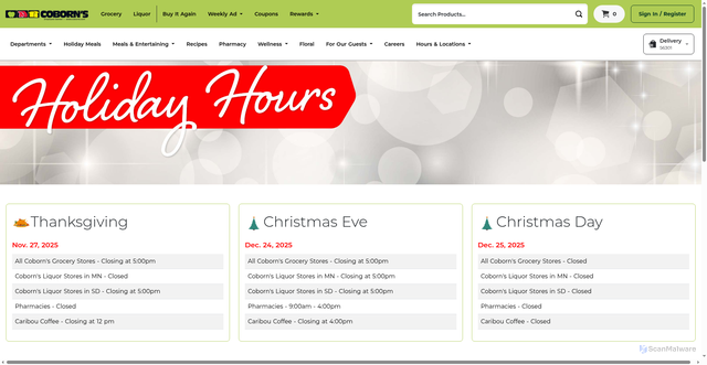 Security scan screenshot of https://coborns.com/holiday-hours