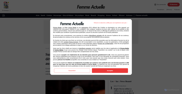 Security scan screenshot of https://www.femmeactuelle.fr/beaute/news-beaute/carole-bouquet-devoile-une-etonnante-coiffure-faite-de-tresses-au-defile-chanel-2199306