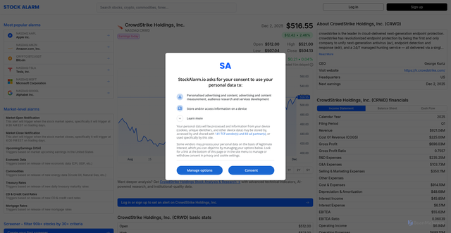 Security scan screenshot of https://app.stockalarm.io/symbols/CRWD