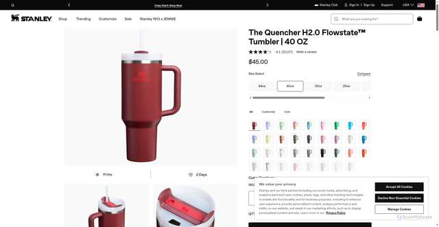 Security scan screenshot of https://www.stanley1913.com/products/adventure-quencher-travel-tumbler-40-oz