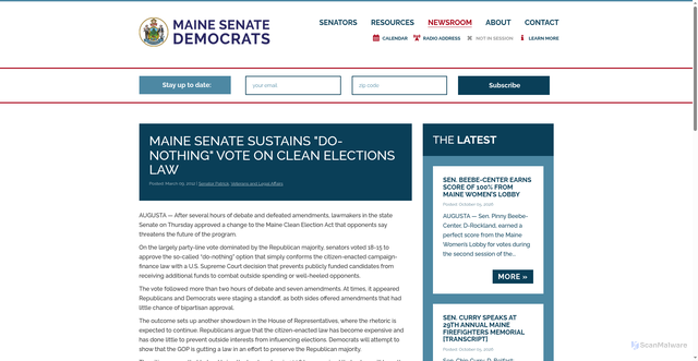 Security scan screenshot of https://www.mainesenate.org/maine-senate-sustains-do-nothing-vote-on-clean-elections-law/