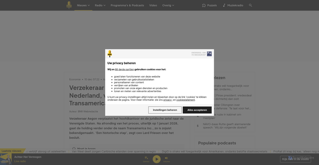 Security scan screenshot of https://www.bnr.nl/nieuws/economie/10589543/verzekeraar-aegon-naar-vs-verhuizing-moet-op-1-januari-2028-afgerond-zijn