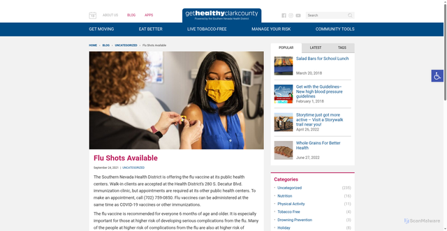 Security scan screenshot of https://gethealthyclarkcounty.org/flu-shots-available/