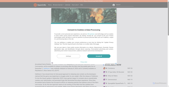 Security scan screenshot of https://opencritic.com/news/23766/helldivers-2-reveals-new-warbond-for-december-2025