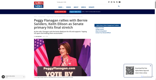 Security scan screenshot of https://alphanews.org/peggy-flanagan-rallies-with-bernie-sanders-keith-ellison-as-senate-primary-hits-final-stretch/