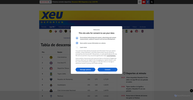 Security scan screenshot of https://www.xeudeportes.mx/liga-mx/tabla-descenso