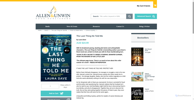 Security scan screenshot of https://www.allenandunwin.com/browse/book/Laura-Dave-Last-Thing-He-Told-Me-9781788168595