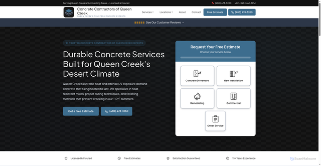 Security scan screenshot of https://concretecontractorsofqueencreek.com/