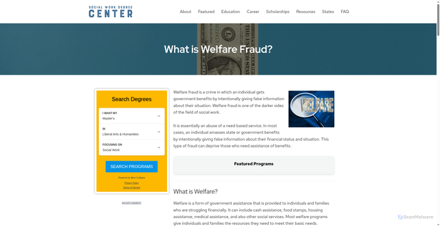 Security scan screenshot of https://www.socialworkdegreecenter.com/what-is-welfare-fraud/