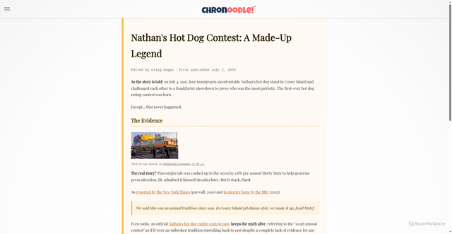 Security scan screenshot of https://chronoodle-develop.pages.dev/revisited/nathans-hot-dog-myth/