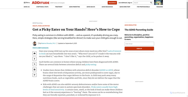 Security scan screenshot of https://www.additudemag.com/picky-eaters-adhd-food-children/?srsltid=AfmBOor43HQy_SbpCdtlaWnI8N7SIA0S4VSBXVCwr0dgpR2tTBEVwuiJ