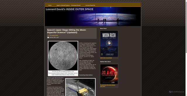 Security scan screenshot of https://www.leonarddavid.com/spacex-upper-stage-hitting-the-moon-impactful-science/
