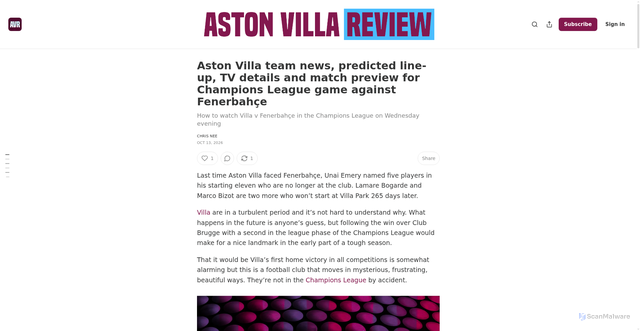 Security scan screenshot of https://www.astonvillareview.com/p/aston-villa-team-news-predicted-xi-champions-league-fenerbahce