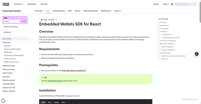 Security scan screenshot of https://metamask-docs-l8lvh00ol-consensys-ddffed67.vercel.app/embedded-wallets/sdk/react