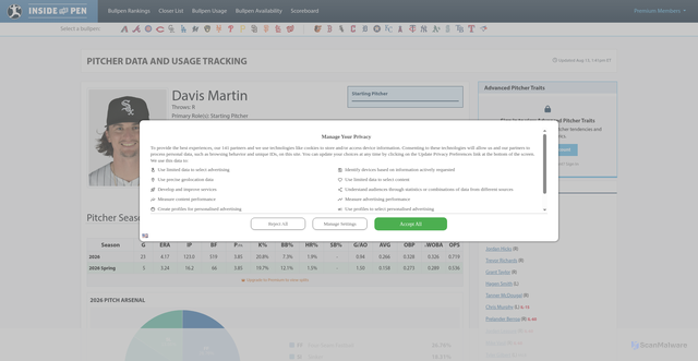 Security scan screenshot of https://www.insidethepen.com/pitcher/Davis-Martin-663436.html