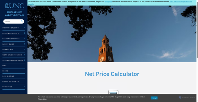 Security scan screenshot of https://studentaid.unc.edu/net-price-calculator/