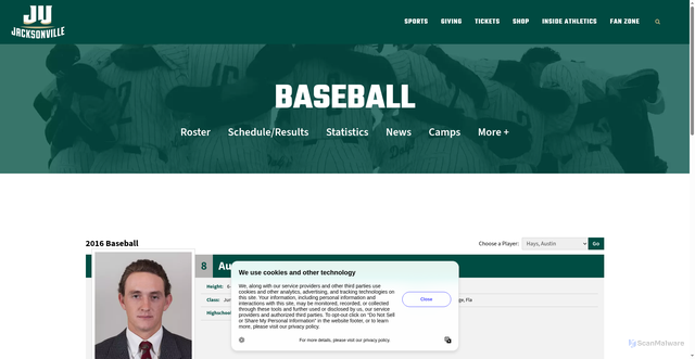 Security scan screenshot of https://judolphins.com/sports/baseball/roster/austin-hays/144