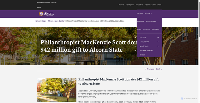 Security scan screenshot of https://www.alcorn.edu/2025/10/28/philanthropist-mackenzie-scott-donates-42-million-gift-to-alcorn-state/