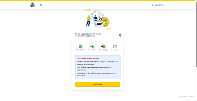 Security scan screenshot of https://snip.ly/CORREOS-POST/