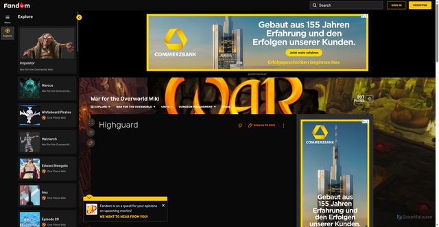 Security scan screenshot of https://warfortheoverworld.fandom.com/wiki/Highguard