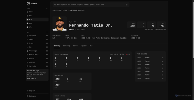 Security scan screenshot of https://www.statpro.io/mlb/players/t/fernando-tatis-jr